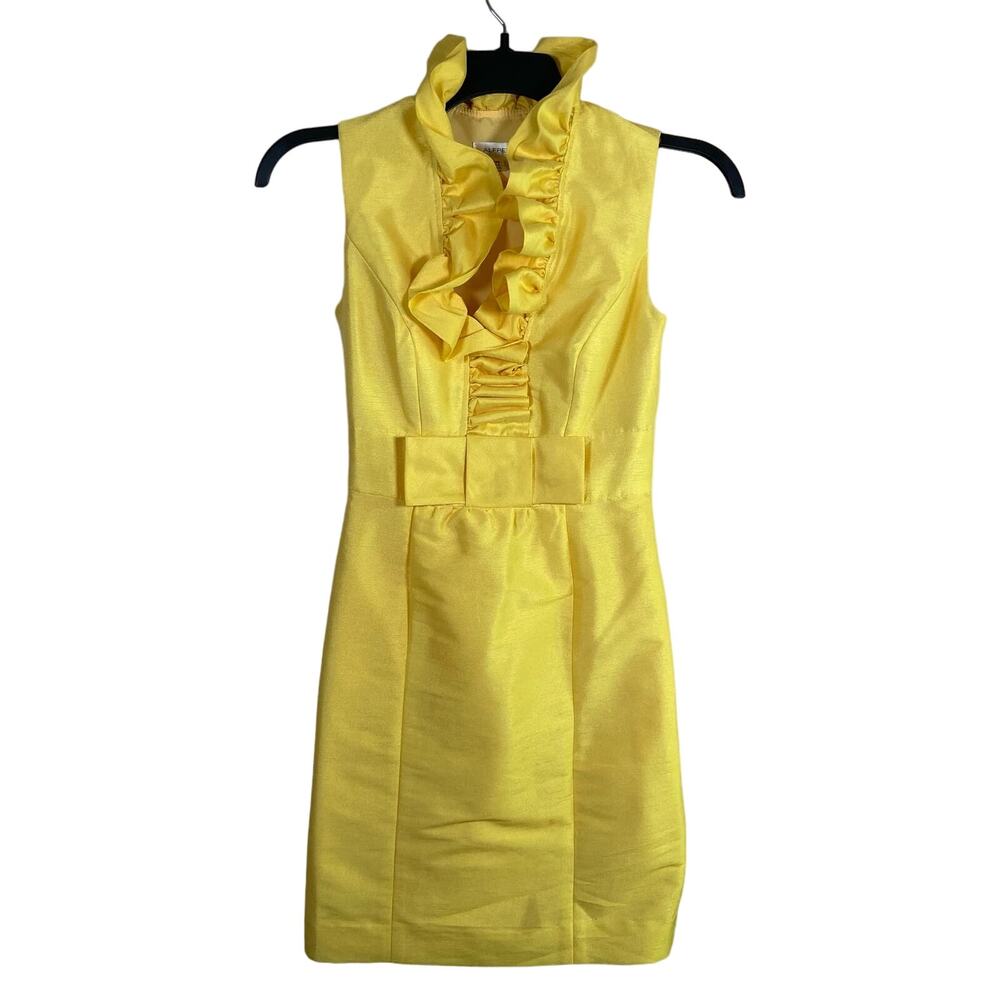 Alfred Sung‎ Dress Women's 2 Yellow Retro Ruffle Bow Sheath Knee Length Demure